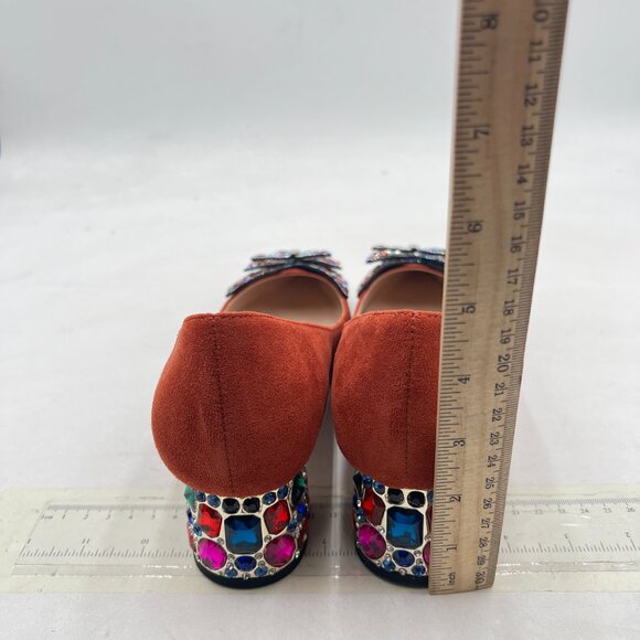 YDN Brown Suede Pointed Toe Bow Pumps Rhinestone Block Low Heel Butterfly Shoes - Picture 5 of 8